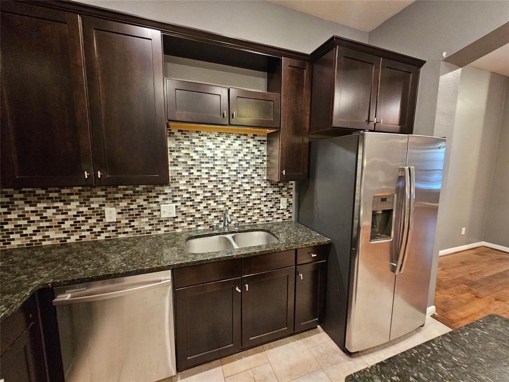 8627 Calvin Road Irving, TX 75063 - Photo 12 of 33 a kitchen with stainless steel appliances granite countertop a refrigerator and a sink