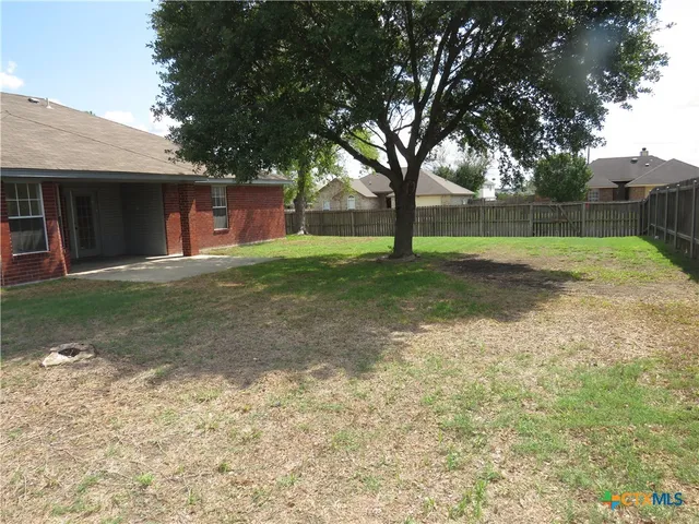 a view of a yard with a house and a large tree