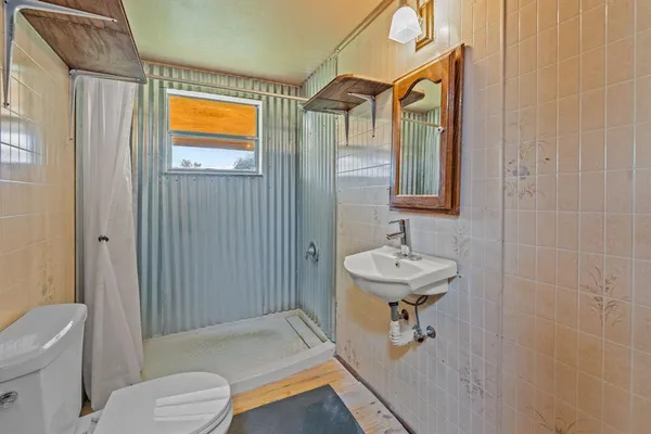 a bathroom with a sink a toilet a mirror and shower