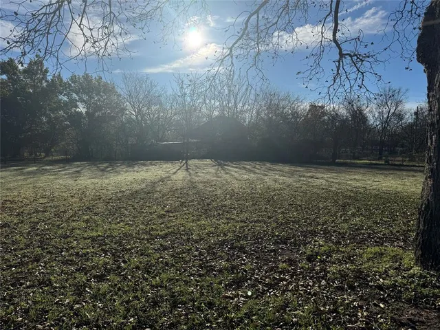 a view of a yard with a house in the background