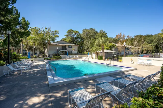 a view of a backyard with a fountain plants and large tree