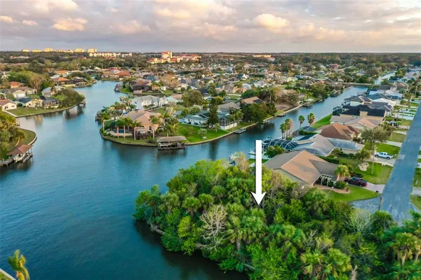 an aerial view of residential houses with outdoor space and lake view