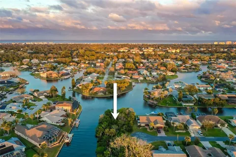 an aerial view of residential houses with outdoor space and lake view in back