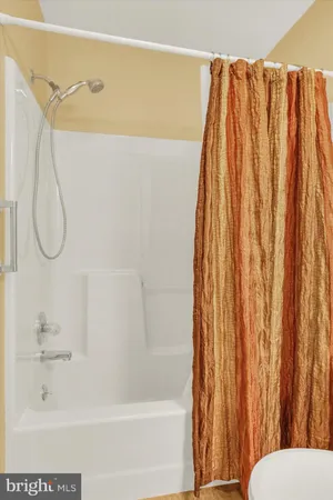 a bathroom with a shower curtain and a sink