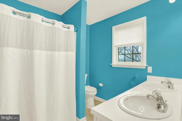 a bathroom with a sink a toilet and shower curtain