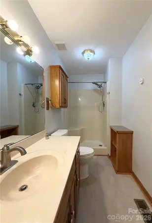 a bathroom with a sink a toilet and shower