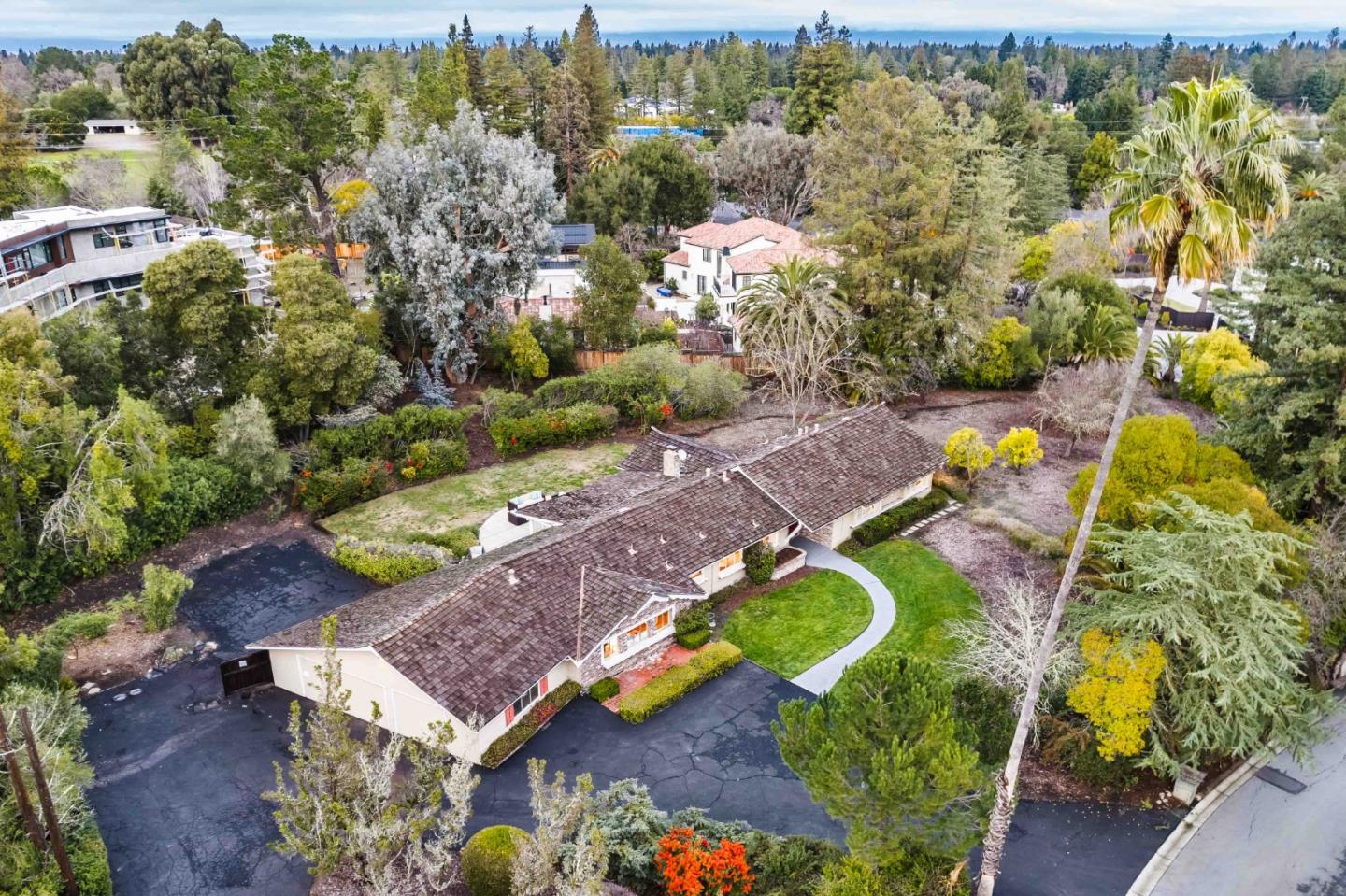 366 Stevick Drive Atherton, CA 94027 - Photo 2 of 29 an aerial view of a house with a swimming pool yard and outdoor seating