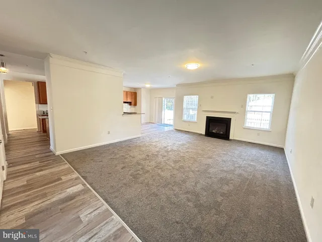 a view of empty room with a fireplace