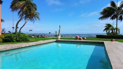 a view of a swimming pool and a yard
