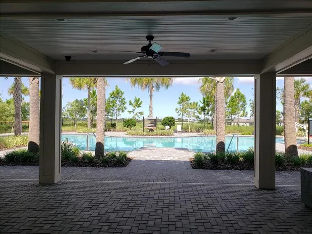 a view of a swimming pool with a yard