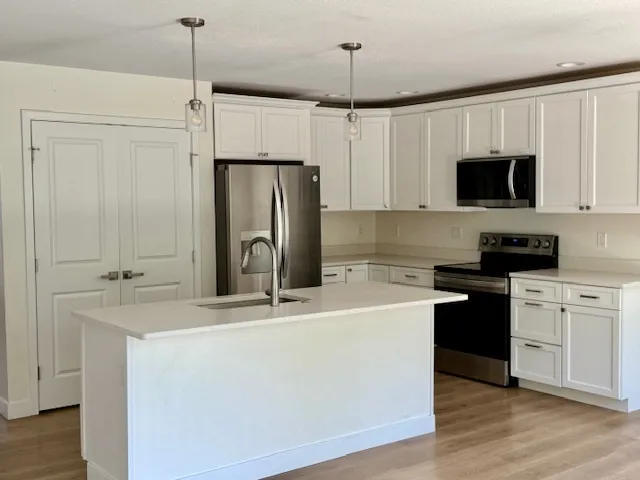 a kitchen with stainless steel appliances a refrigerator sink and white cabinets