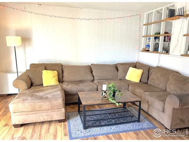 a living room with furniture and a lamp