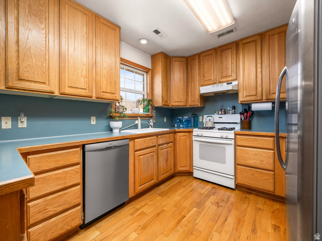 598 West 1600th Street North Mapleton, UT 84664 - Photo 7 of 34 Kitchen featuring stainless steel appliances, light wood-type flooring, wood finish cabinets, and light countertops