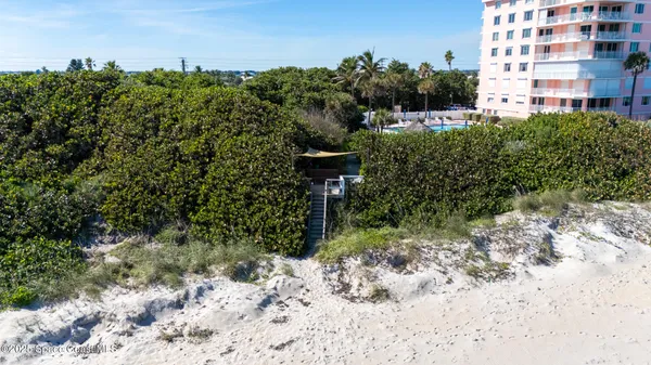 a view of a garden with a building