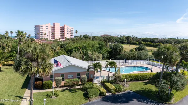an aerial view of a swimming pool