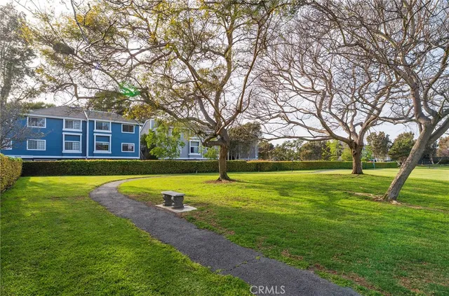 a view of river covered by trees and buildings