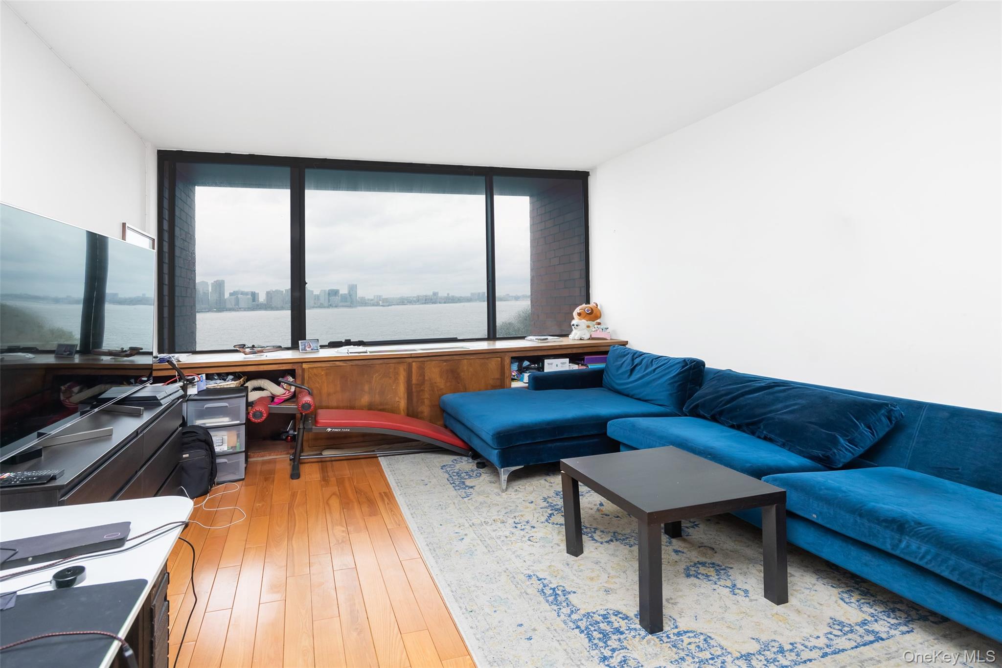 380 Rector Place, Unit 7A Manhattan, NY 10280 - Photo 3 of 19 Living area with a water view, floor to ceiling windows, and hardwood / wood-style flooring