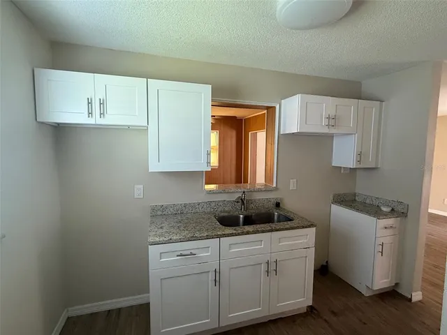 a kitchen with a sink cabinets and wooden floor