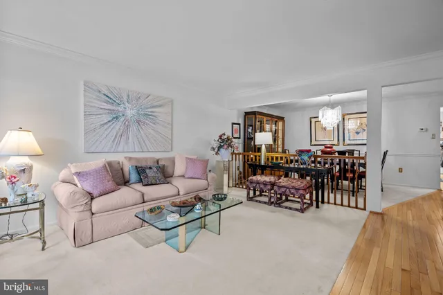 a living room with furniture and a dining table with wooden floor