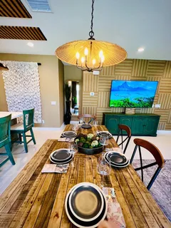 a table and chairs in a patio