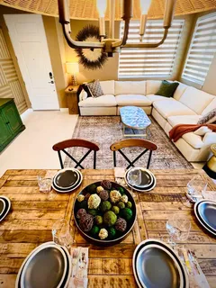 a table and chairs in a patio