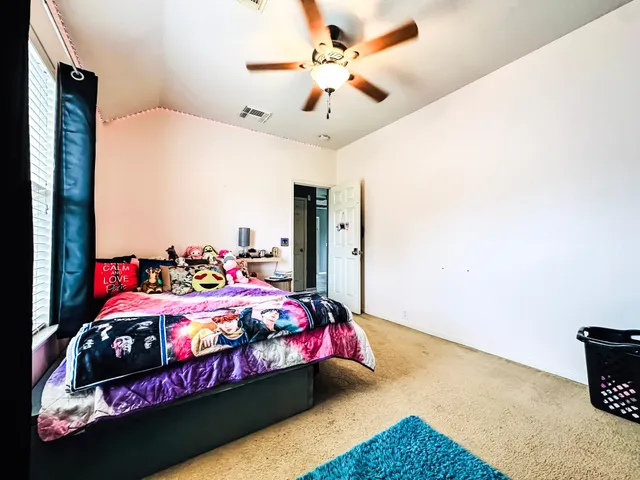 a bedroom with bed and windows