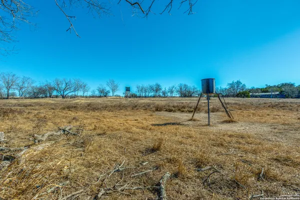 a view of a field with trees in background