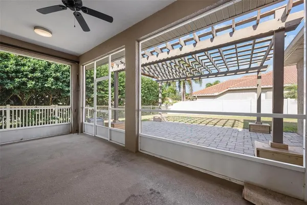 a view of a porch and garden