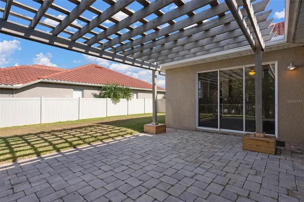 a backyard of a house with table and chairs