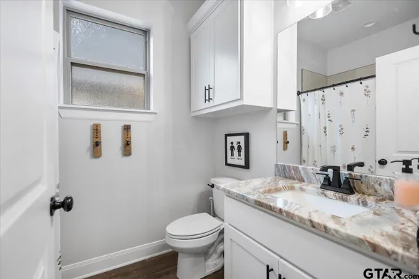 a bathroom with a granite countertop sink toilet and a mirror