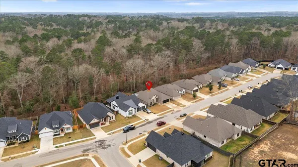 an aerial view of a house with a mountain