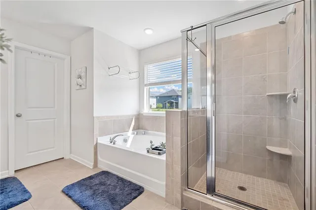 a bathroom with a bathtub and a shower