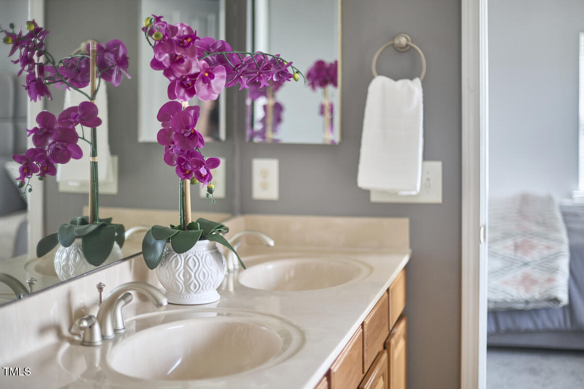 442 Steel Hopper Way Garner, NC 27529 - Photo 31 of 45 a bathroom with a granite countertop sink a mirror and vanity