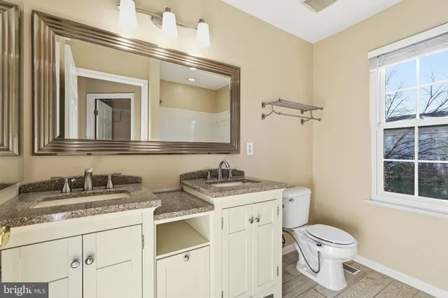 a bathroom with a toilet sink and mirror