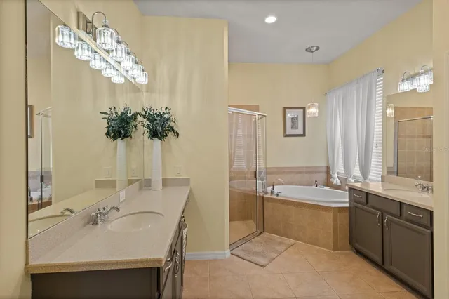 a bathroom with a sink a large mirror and a bathtub