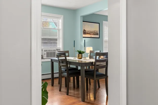 a view of a dining room with furniture