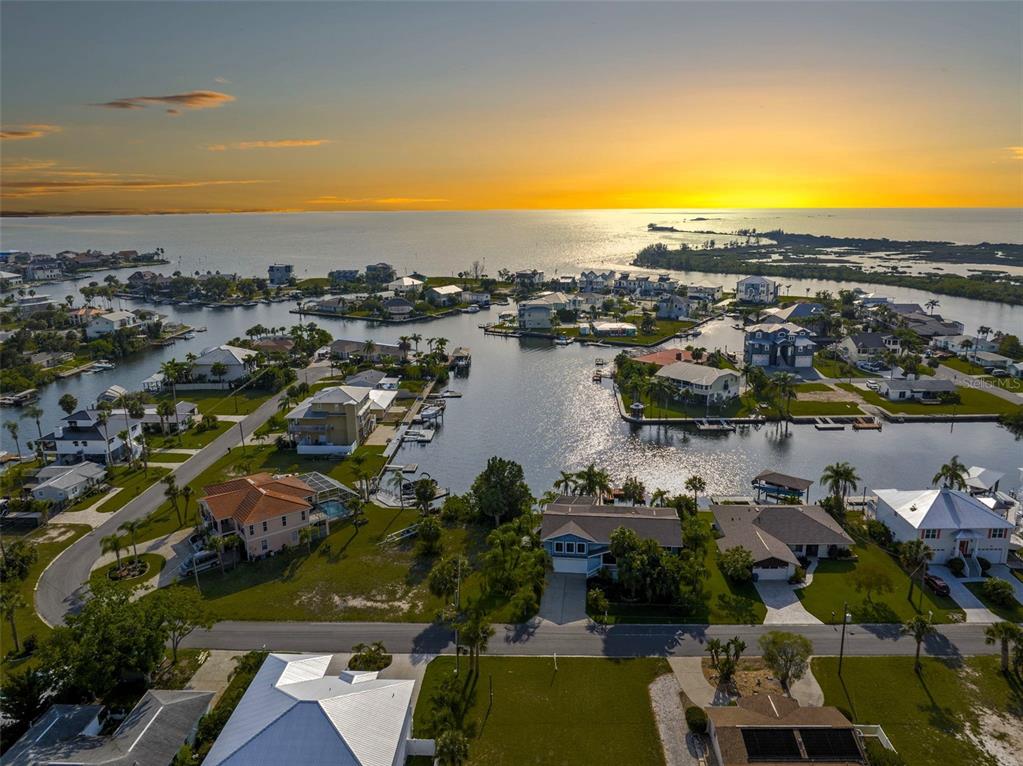 an aerial view of city and lake with trees all around