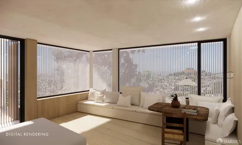 a living room with furniture and a floor to ceiling window