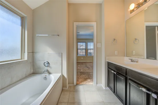 a bathroom with a tub sink and mirror