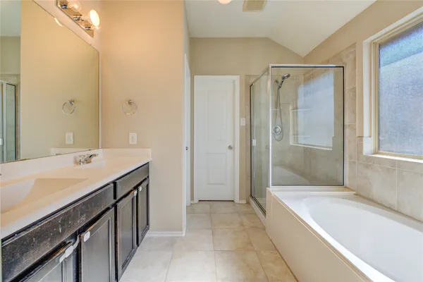 a bathroom with a tub sink shower and a mirror