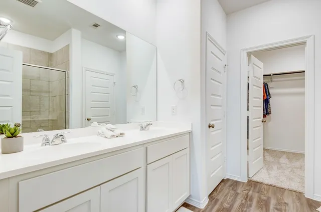 a bathroom with a sink a mirror and a shower