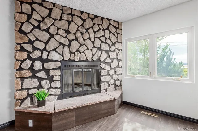 a living room with a couch and a potted plant