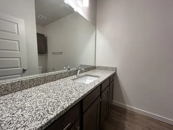 a bathroom with a granite countertop sink and a mirror