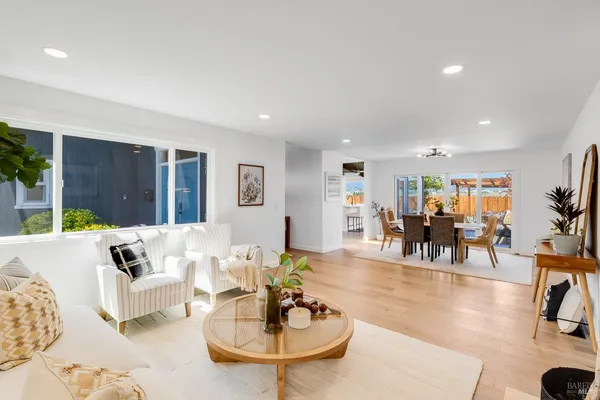 a living room with furniture and a potted plant