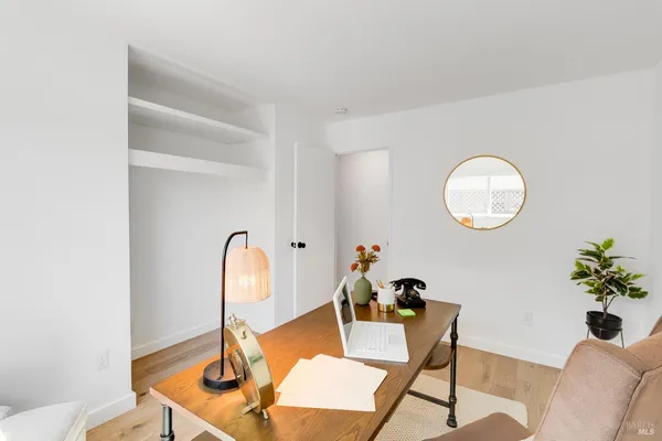 a garden view with a seating space