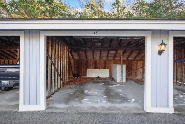 a view of a room that has a large window