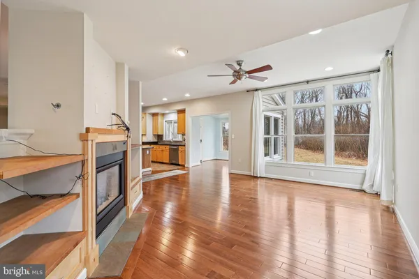 a view of a livingroom with wooden floor