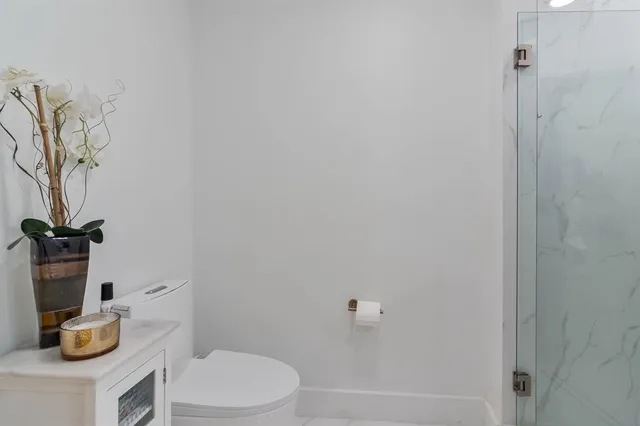 a bathroom with a toilet and a shower curtain