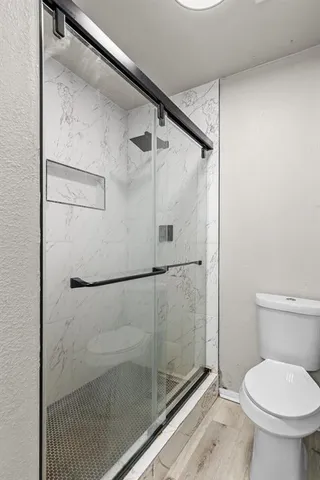 a bathroom with a shower and a toilet