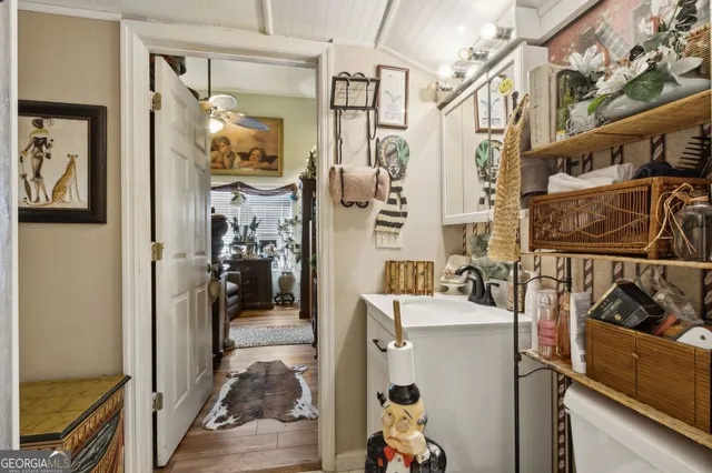 a view of a swimming pool with a sitting space